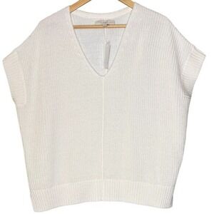 LOFT Womens Ribbed Knit V Neck Pullover Sweater Size XS Ivory Preppy Minimalist‎